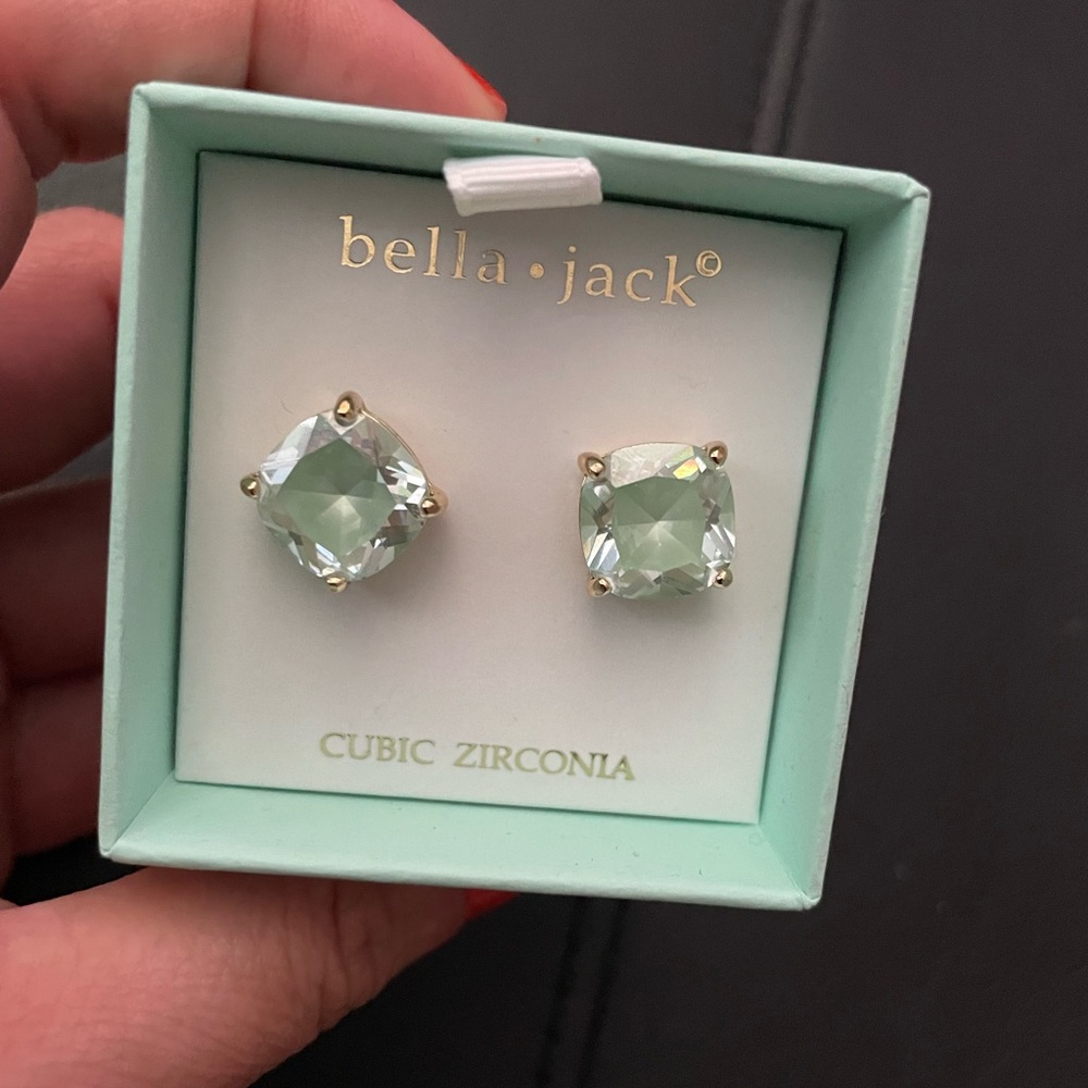 New BELLA JACK mint CZ gold plated earrings Square cube cubic Zirconia Crystal
